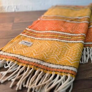 VTG 100% Faribo Wool Blanket Throw Fringe Orange Gold 50x50 fairbault USA Made